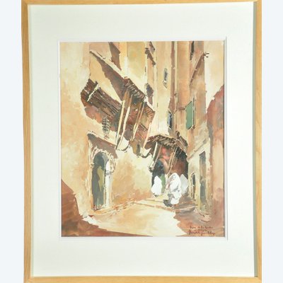 Signierte Gouache Théophile Jean Delaye, die eine belebte Straßenszene darstellt