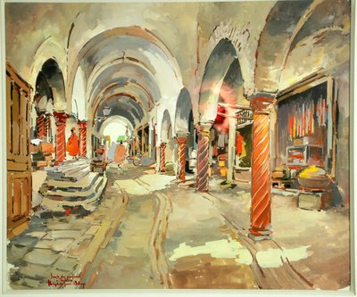 Gouache signed Théophile Jean Delaye depicting a busy souk