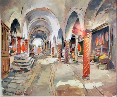 Gouache signed Théophile Jean Delaye depicting a busy souk
