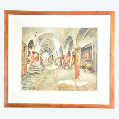 Gouache signed Théophile Jean Delaye depicting a busy souk