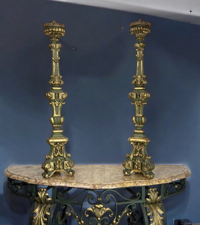 PAIR OF LOUIS XIV PERIOD LARGE GILDED AND PAINTED WOOD CIERGES FROM THE 17th CENTURY
