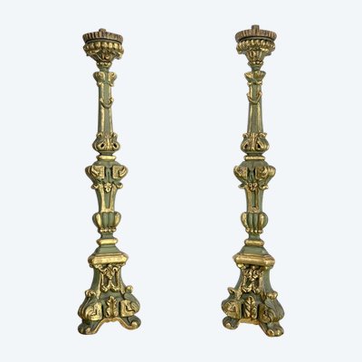 PAIR OF LOUIS XIV PERIOD LARGE GILDED AND PAINTED WOOD CIERGES FROM THE 17th CENTURY