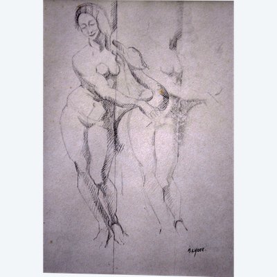 Drawing Leda and the Swan signed André Lothe Art Deco frame
