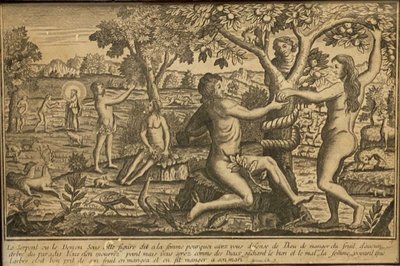 Eighteenth-century engraving Adam and Eve Temptation Sin Genesis Chapter 3 Basset