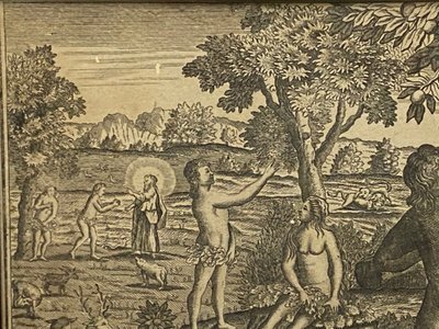 Eighteenth-century engraving Adam and Eve Temptation Sin Genesis Chapter 3 Basset