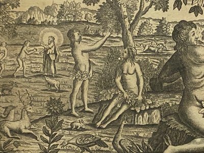 Eighteenth-century engraving Adam and Eve Temptation Sin Genesis Chapter 3 Basset