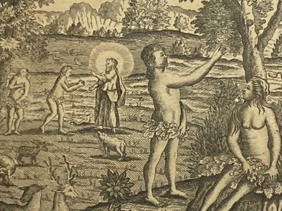 Eighteenth-century engraving Adam and Eve Temptation Sin Genesis Chapter 3 Basset