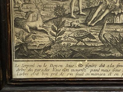 Eighteenth-century engraving Adam and Eve Temptation Sin Genesis Chapter 3 Basset