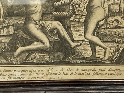 Eighteenth-century engraving Adam and Eve Temptation Sin Genesis Chapter 3 Basset