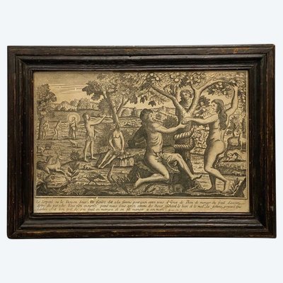 Eighteenth-century engraving Adam and Eve Temptation Sin Genesis Chapter 3 Basset