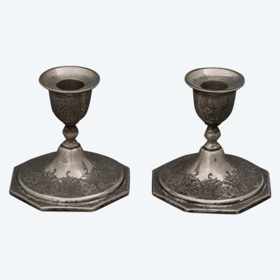 Pair of 19th century Persian silver candlesticks, engraved with bird design, hallmarked 84