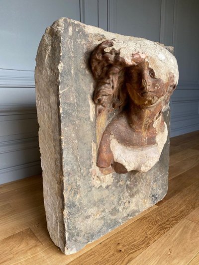 Sculpture, profile of a man with hair, face, stone, direct cut 20th century