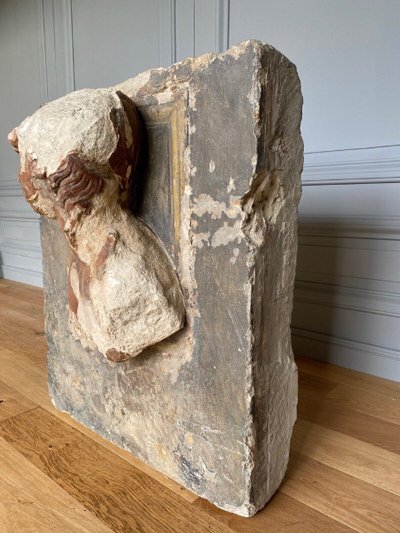 Sculpture, profile of a man with hair, face, stone, direct cut 20th century