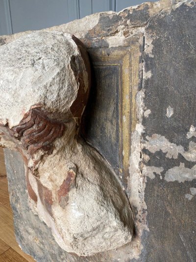 Sculpture, profile of a man with hair, face, stone, direct cut 20th century