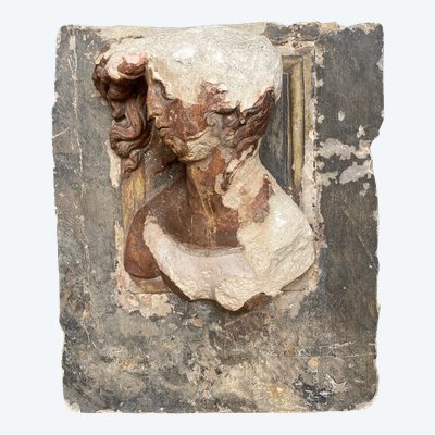 Sculpture, profile of a man with hair, face, stone, direct cut 20th century