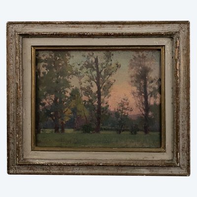 Öl auf Karton von J. Berges sous-bois geschenkt an Guillot de Raffaillac