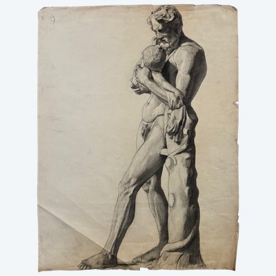 Charcoal drawing of Beaux-Arts man carrying a child by Berger-Lheureux