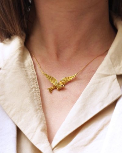 18 Karat Gold Rubin Vogel Halskette, Rubin, Halbperlen, Retro-Schmuck, Vintage Gold Halskette, Retro-Schmuck 