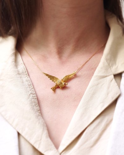 18 Karat Gold Rubin Vogel Halskette, Rubin, Halbperlen, Retro-Schmuck, Vintage Gold Halskette, Retro-Schmuck 