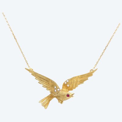 18 Karat Gold Rubin Vogel Halskette, Rubin, Halbperlen, Retro-Schmuck, Vintage Gold Halskette, Retro-Schmuck 