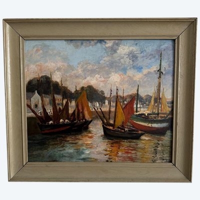 Öl auf Karton von Henri Malfroy-Savigny Fischereihafen