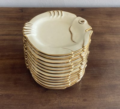 12 Ceramic Plates Ivory Design Fish with Gold Trim