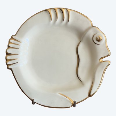 12 Ceramic Plates Ivory Design Fish with Gold Trim