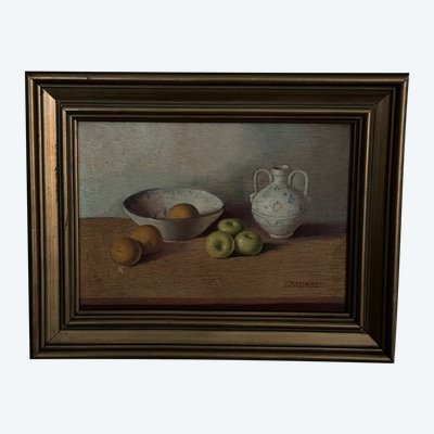 Oil on panel still life with fruit and earthenware jug by Redonde XXe