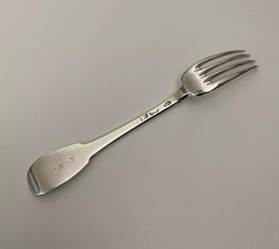 18th century solid silver fork, hallmarked by the general farmers, monogram NM