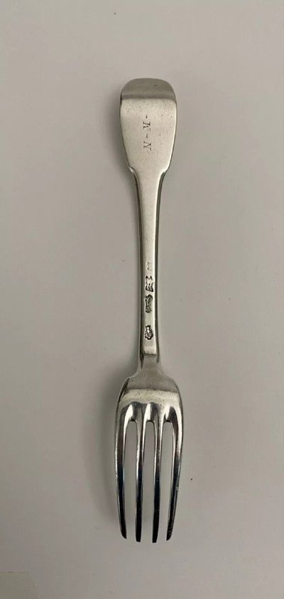 18th century solid silver fork, hallmarked by the general farmers, monogram NM
