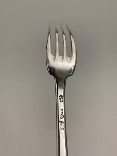 18th century solid silver fork, hallmarked by the general farmers, monogram NM