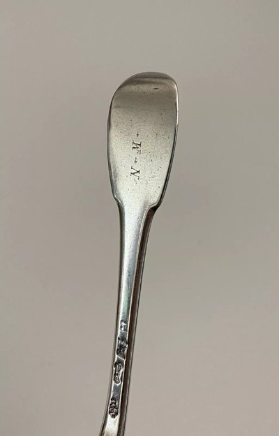 18th century solid silver fork, hallmarked by the general farmers, monogram NM