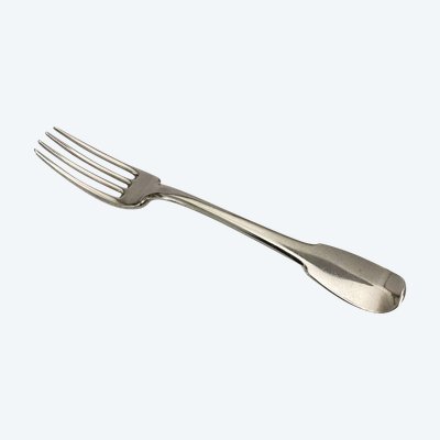 18th century solid silver fork, hallmarked by the general farmers, monogram NM
