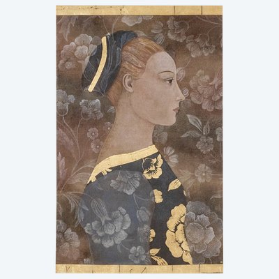Painted canvas depicting an Italian Renaissance-style portrait. Reference: LS6335B671M