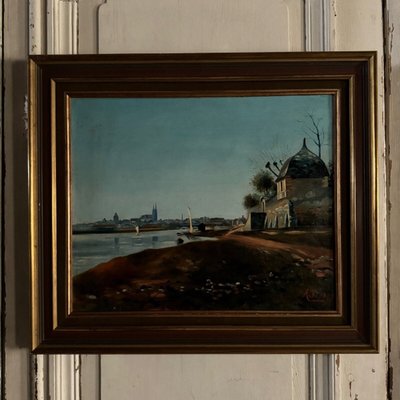 Olio su tela, riva del fiume, fine del XIX secolo, monogramma AT