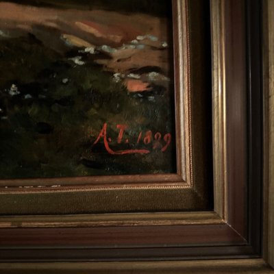 Olio su tela, riva del fiume, fine del XIX secolo, monogramma AT