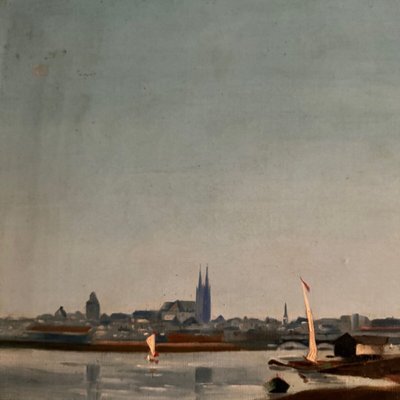 Olio su tela, riva del fiume, fine del XIX secolo, monogramma AT