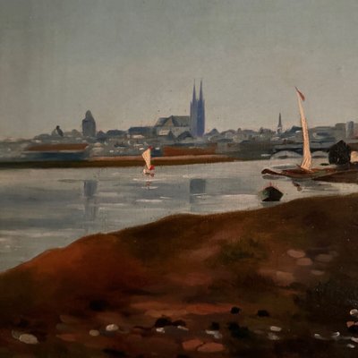 Olio su tela, riva del fiume, fine del XIX secolo, monogramma AT