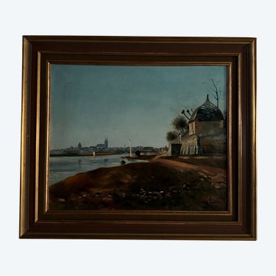 Olio su tela, riva del fiume, fine del XIX secolo, monogramma AT