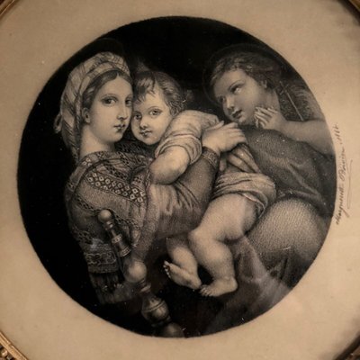 Gravure représentant la Madone XIXe dans cadre rond perlé à la feuille