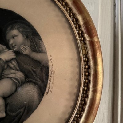 Gravure représentant la Madone XIXe dans cadre rond perlé à la feuille