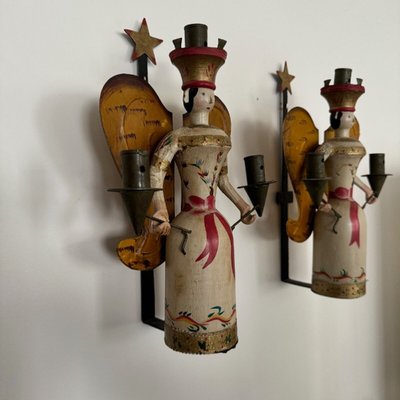 Pair of polychrome wooden wall lights on wrought iron support 1950