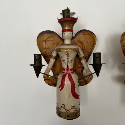 Pair of polychrome wooden wall lights on wrought iron support 1950
