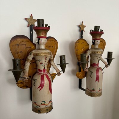 Pair of polychrome wooden wall lights on wrought iron support 1950