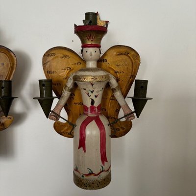 Pair of polychrome wooden wall lights on wrought iron support 1950