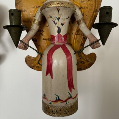 Pair of polychrome wooden wall lights on wrought iron support 1950