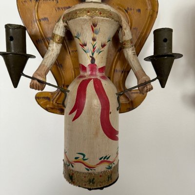 Pair of polychrome wooden wall lights on wrought iron support 1950