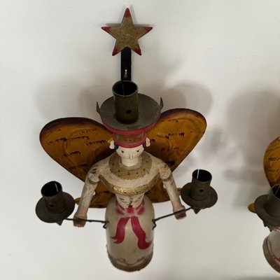 Pair of polychrome wooden wall lights on wrought iron support 1950