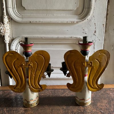 Pair of polychrome wooden wall lights on wrought iron support 1950