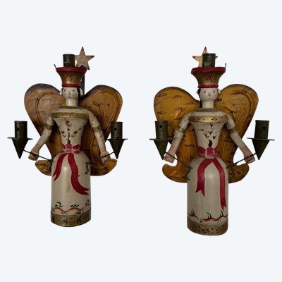 Pair of polychrome wooden wall lights on wrought iron support 1950
